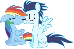 Size: 912x609 | Tagged: safe, artist:digital-pony-artist, derpibooru import, rainbow dash, soarin', backwards cutie mark, cuddling, eyes closed, female, floppy ears, male, shipping, sitting, smiling, snuggling, soarindash, spread wings, straight, wings