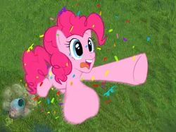 Size: 1362x1020 | Tagged: safe, artist:hope(n forever), derpibooru import, pinkie pie, confetti, drool, grass, grass field, motion blur, party cannon, perspective, pony cannonball, smoke, solo, tongue out