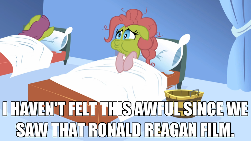 Size: 1365x768 | Tagged: airplane!, applebuck season, caption, cherry punch, derpibooru import, edit, edited screencap, image macro, meme, pinkie pie, questionable, ronald reagan, screencap, sick, text