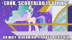 Size: 610x342 | Tagged: artist:viva reverie, bird, celestia pointing, chicken, derpibooru import, meme, princess celestia, princess celestia being deep, safe, scootaloo, scootaloo can't fly, solo, text