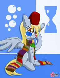 Size: 786x1017 | Tagged: safe, artist:clouddg, derpibooru import, derpy hooves, pegasus, pony, 3d glasses, celery, clothes, cutie mark background, doctor who, female, fez, fourth doctor, fourth doctor's scarf, hat, mare, scarf, solo