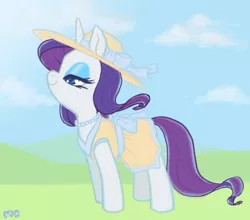 Size: 808x710 | Tagged: artist:mcponyponypony, clothes, derpibooru import, dress, fashion, hat, it's called fashion look it up, rarity, safe, solo, windswept mane, yellow dress