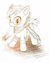 Size: 721x900 | Tagged: safe, artist:fuzon-s, derpibooru import, button mash, earth pony, pony, don't mine at night, blank flank, colt, foal, gradient lineart, hooves, looking at you, male, monochrome, simple background, sketch, smiling, solo, sword, weapon, white background
