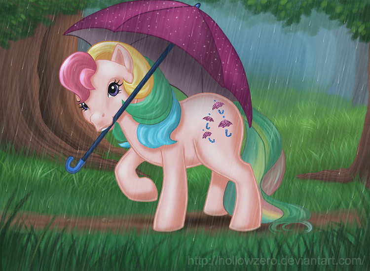 Size: 750x550 | Tagged: artist:hollowzero, derpibooru import, g1, mouth hold, parasol (g1), rain, safe, solo, umbrella