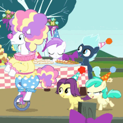 Size: 400x400 | Tagged: safe, derpibooru import, screencap, banana peel (character), brown sugar, lightning flare, luis, miguel, mint flower, plumberry, sancho, titania, unnamed character, unnamed pony, earth pony, pony, unicorn, inspiration manifestation, 5-year-old, animated, background pony, blank flank, cake, clown, colt, female, filly, food, hat, male, mariachi, party, party hat, stallion, table, unicycle