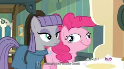 Size: 640x355 | Tagged: safe, derpibooru import, edit, edited screencap, screencap, maud pie, pinkie pie, earth pony, pony, maud pie (episode), :t, caption, derp, didney worl, female, great moments in animation, hub logo, mare, meme, smear frame, smiling, youtube caption