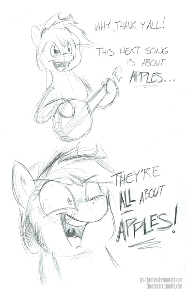 Size: 1000x1554 | Tagged: apple, applejack, artist:thraten, banjo, comic, derpibooru import, insanity, maud pie (episode), monochrome, musical instrument, safe, sketch, smiling, snapplejack, solo, that pony sure does love apples, traditional art, uvula, wide eyes