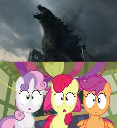 Size: 1112x1212 | Tagged: apple bloom, cutie mark crusaders, derpibooru import, godzilla, godzilla 2014, godzilla (series), kaiju, obligatory pony, reaction, safe, scootaloo, sweetie belle