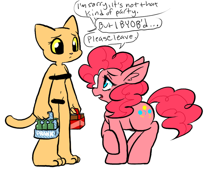 Size: 797x668 | Tagged: questionable, artist:puds, derpibooru import, pinkie pie, earth pony, khajiit, pony, booze, dialogue, female, furry, katia managan, mare, nudity, prequel (webcomic), simple background, speech bubble, the elder scrolls, white background