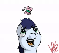 Size: 662x596 | Tagged: artist:greyscaleart, bust, butterfly, derpibooru import, funny, portrait, safe, silly, soarin', solo, wonderbolts