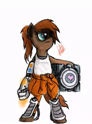 Size: 595x800 | Tagged: safe, artist:greyscaleart, derpibooru import, pony, bipedal, chell, companion cube, crossover, female, mare, portal (valve), portal 2, solo