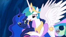 Size: 1253x706 | Tagged: safe, derpibooru import, screencap, princess celestia, princess luna, twilight sparkle, twilight sparkle (alicorn), alicorn, pony, season 4, female, group hug, hug, licking, mare, maternaluna, momlestia, tongue out