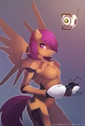Size: 1483x2197 | Tagged: android, anthro, artist:antiander, crossover, derpibooru import, female, gynoid, personality core, portal gun, portal (valve), rick, robot, safe, scootabot, scootaloo, solo