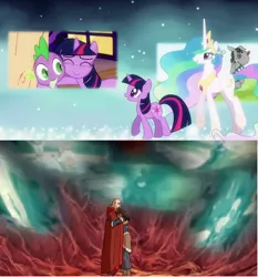 Size: 1280x1376 | Tagged: a light in the dark, coincidence, comparison, derpibooru import, korra, magical mystery cure, princess celestia, princess celestia's special princess making dimension, safe, spike, tenzin, the legend of korra, tree of time, twilight sparkle, void