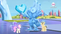 Size: 934x524 | Tagged: safe, derpibooru import, screencap, ivory, ivory rook, rubinstein, spike, twinkleshine, crystal pony, pony, equestria games (episode), camera, craft, hero, hub logo, sculpture, spike's statue, statue