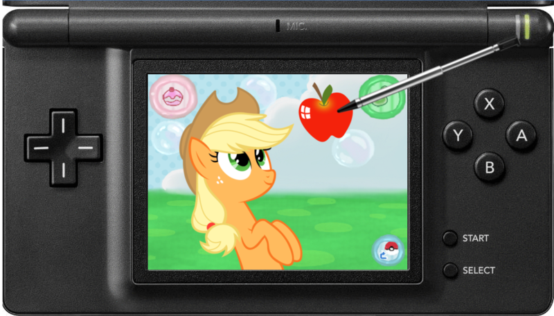 Size: 910x519 | Tagged: apple, applejack, artist:ipandacakes, derpibooru import, food, nintendo ds, pokémon, pokémon amie, safe, solo