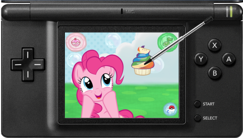 Size: 910x519 | Tagged: safe, artist:ipandacakes, derpibooru import, pinkie pie, earth pony, pony, cupcake, food, nintendo ds, pokémon, pokémon amie, rainbow cupcake, solo