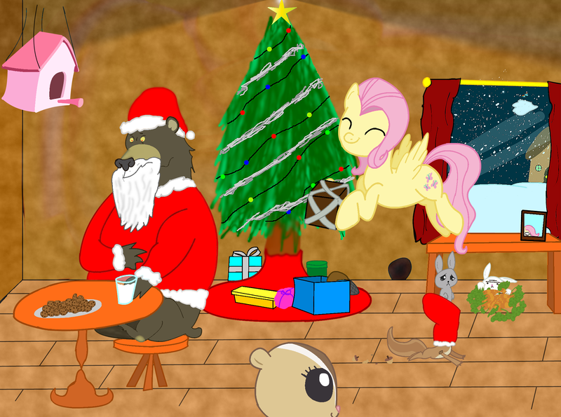 Size: 2048x1523 | Tagged: angel bunny, artist:xulious, christmas, derpibooru import, fluttershy, harry, hearth's warming eve, holiday, safe