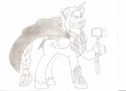 Size: 1600x1162 | Tagged: safe, artist:jmkplover, derpibooru import, ponified, pony, armor, cape, clothes, hammer, mjölnir, one eye closed, solo, thor, war hammer, wink