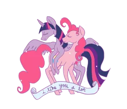 Size: 1740x1498 | Tagged: safe, artist:tinyfeather, derpibooru import, pinkie pie, twilight sparkle, twilight sparkle (alicorn), alicorn, pony, eyes closed, female, lesbian, mare, old banner, shipping, twinkie