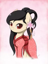 Size: 1152x1536 | Tagged: safe, artist:jdan-s, derpibooru import, ponified, pony, clothes, cytus, flower, flower in hair, kimono (clothing), looking at you, saika, smiling, solo