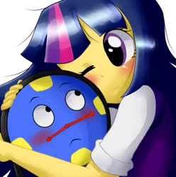 Size: 595x600 | Tagged: artist:roselladoll1, crack shipping, cute, derpibooru import, don't hug me i'm scared, human, humanized, safe, shipping, tony the talking clock, twiclock, twilight sparkle