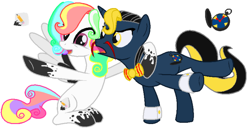 Size: 802x414 | Tagged: safe, artist:roselladoll1, derpibooru import, ponified, earth pony, pegasus, pony, bowtie, cutie mark, don't hug me i'm scared, notepad (dhmis), simple background, tony the talking clock, transparent background