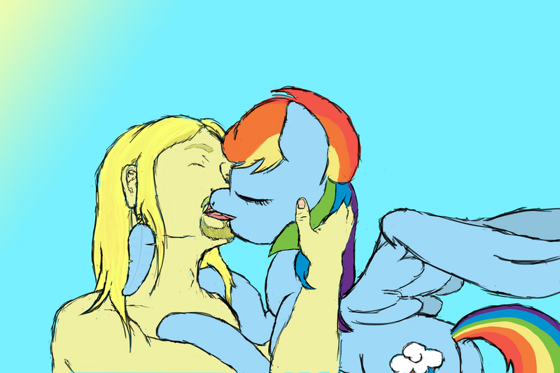 Size: 1000x667 | Tagged: artist:dinahmoe, derpibooru import, fanfic:xenophilia, female, human, kissing, male, oc, oc:bellerophon (lero), rainbow dash, shipping, straight, suggestive