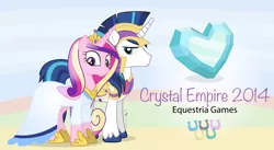 Size: 1240x680 | Tagged: armor, artist:dm29, clothes, crystal heart, derpibooru import, dress, duo, equestria games, equestria games (episode), looking at you, olympic rings, princess cadance, safe, shining armor, smiling