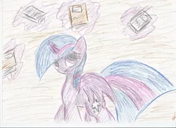 Size: 2338x1700 | Tagged: safe, artist:kvedja, derpibooru import, twilight sparkle, twilight sparkle (alicorn), alicorn, pony, book, female, magic, mare, solo, telekinesis, traditional art