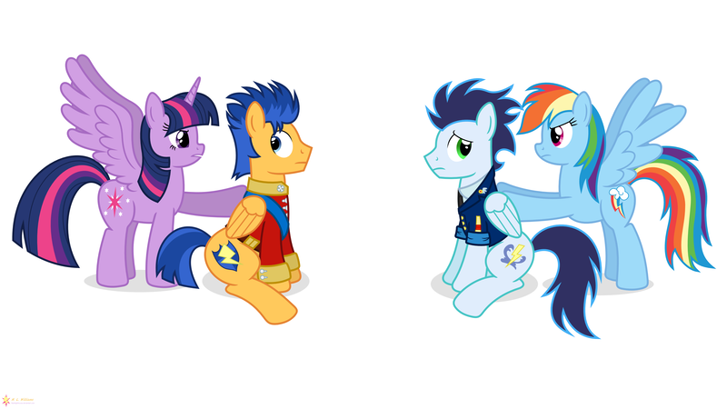 Size: 3840x2160 | Tagged: safe, artist:flashlighthouse, derpibooru import, flash sentry, rainbow dash, soarin', twilight sparkle, twilight sparkle (alicorn), alicorn, pony, female, flashlight, male, mare, shipping, sitting, soarindash, straight