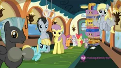 Size: 1453x811 | Tagged: safe, derpibooru import, screencap, apple bloom, derpy hooves, helia, parasol, scootaloo, spike, sweetie belle, thunderlane, pegasus, pony, equestria games (episode), cutie mark crusaders, female, hub logo, luggage, mare