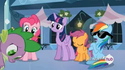 Size: 1454x812 | Tagged: safe, derpibooru import, screencap, pinkie pie, rainbow dash, scootaloo, twilight sparkle, twilight sparkle (alicorn), alicorn, pony, equestria games (episode), female, hub logo, mare, sunglasses