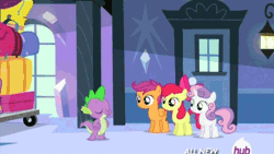 Size: 576x324 | Tagged: safe, derpibooru import, screencap, apple bloom, scootaloo, spike, sweetie belle, crystal pony, pony, equestria games (episode), animated, armor, chair, crystal guard, crystal guard armor, cutie mark crusaders, guard, hub logo, hubble, luggage, the hub