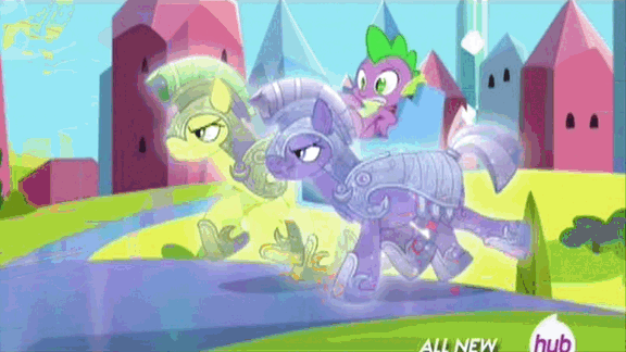 Size: 576x324 | Tagged: safe, derpibooru import, screencap, spike, crystal pony, pony, equestria games (episode), animated, armor, chair, crystal guard, crystal guard armor, guard, hub logo, hubble, the hub