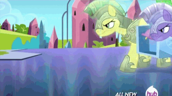 Size: 576x324 | Tagged: safe, derpibooru import, screencap, spike, crystal pony, pony, equestria games (episode), abuse, animated, armor, crystal guard, crystal guard armor, guard, hub logo, hubble, spikeabuse, the hub