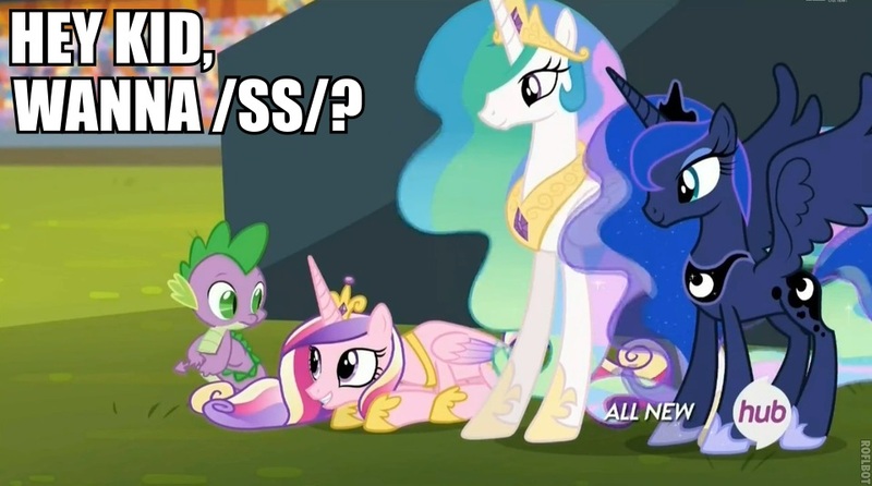 Size: 960x535 | Tagged: caption, derpibooru import, edit, edited screencap, equestria games, equestria games (episode), female, hub logo, image macro, implied foalcon, infidelity, interspecies, male, meme, princess cadance, princess celestia, princess luna, screencap, shipping, spike, spikedance, straight, straight shota, suggestive, text