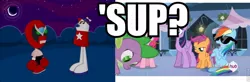 Size: 960x316 | Tagged: safe, derpibooru import, screencap, pinkie pie, rainbow dash, scootaloo, spike, twilight sparkle, twilight sparkle (alicorn), alicorn, pony, equestria games (episode), caption, cool, female, homestar runner, hub logo, image macro, mare, meme, moon, strong bad, sunglasses, sup, text