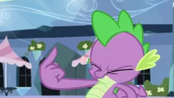 Size: 640x360 | Tagged: derpibooru import, edit, edited screencap, equestria games (episode), middle finger, modified, safe, screencap, solo, spike, vulgar