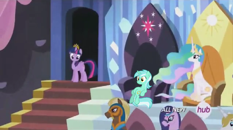 Size: 1024x574 | Tagged: safe, derpibooru import, edit, edited screencap, screencap, lyra heartstrings, prince blueblood, princess celestia, twilight sparkle, twilight sparkle (alicorn), alicorn, pony, saddle arabian, equestria games (episode), all new, equestria games, female, hub logo, mare, meme, new crown, sitting, sitting lyra, text, throne