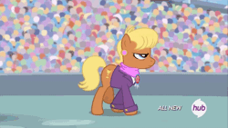 Size: 576x324 | Tagged: all new, animated, derpibooru import, equestria games, equestria games (episode), hubble, hub logo, ms. harshwhinny, safe, screencap, solo, text, the hub