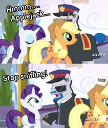 Size: 1557x1841 | Tagged: applejack, caption, derpibooru import, equestria games, equestria games (episode), fetish, image macro, lockdown, meme, olfactophilia, rarity, safe, screencap, smell, sniffing, text