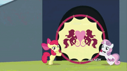 Size: 576x324 | Tagged: safe, derpibooru import, screencap, apple bloom, bulk biceps, derpy hooves, fluttershy, rainbow dash, scootaloo, sweetie belle, pegasus, pony, equestria games (episode), animated, cutie mark crusaders, equestria games, female, flag, hoop, hub logo, hubble, mare, scootaloo can't fly, scooter, the hub
