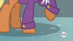 Size: 576x324 | Tagged: safe, derpibooru import, screencap, ms. harshwhinny, spike, dragon, earth pony, pony, equestria games (episode), all new, animated, clothes, equestria games, female, frown, glare, horses doing horse things, hub logo, hubble, ladder, mare, stomping, text, the hub