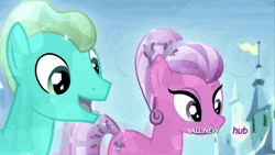 Size: 576x324 | Tagged: safe, derpibooru import, screencap, bright smile, castle (crystal pony), elbow grease, paradise (crystal pony), crystal pony, pony, equestria games (episode), animated, hub logo, hubble, smiling, talking, the hub