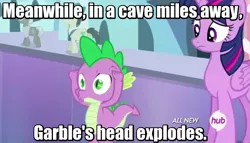 Size: 841x480 | Tagged: safe, derpibooru import, edit, edited screencap, screencap, garble, spike, twilight sparkle, twilight sparkle (alicorn), alicorn, dragon, pony, equestria games (episode), :o, caption, crystal empire, female, hub logo, image macro, implied death, mare, meme, open mouth, pstandard psychic pstance, psychic powers, psychic spike, text