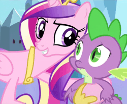 Size: 656x540 | Tagged: alicorn, animated, bedroom eyes, derpibooru import, edit, edited screencap, equestria games (episode), eyebrows, eyebrow wiggle, female, frown, grin, hug, i need an adult, infidelity, male, out of context, princess cadance, raised eyebrow, >rape, safe, screencap, shipping, smiling, spike, spikedance, straight, worried