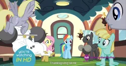 Size: 1439x762 | Tagged: safe, derpibooru import, edit, edited screencap, screencap, bulk biceps, derpy hooves, fluttershy, rainbow dash, thunderlane, pegasus, pony, equestria games (episode), caption, female, hub logo, mare, meme, youtube caption