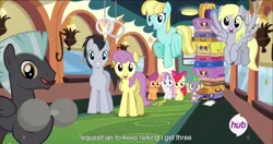 Size: 1440x763 | Tagged: safe, derpibooru import, edit, edited screencap, screencap, apple bloom, derpy hooves, scootaloo, spike, sweetie belle, thunderlane, pegasus, pony, equestria games (episode), caption, cutie mark crusaders, female, hub logo, mare, meme, youtube caption