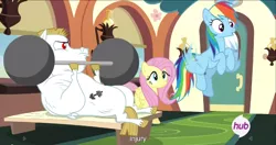 Size: 1440x762 | Tagged: barbell, bulk biceps, caption, derpibooru import, edit, edited screencap, equestria games (episode), fluttershy, friendship express, hub logo, meme, rainbow dash, safe, screencap, youtube caption